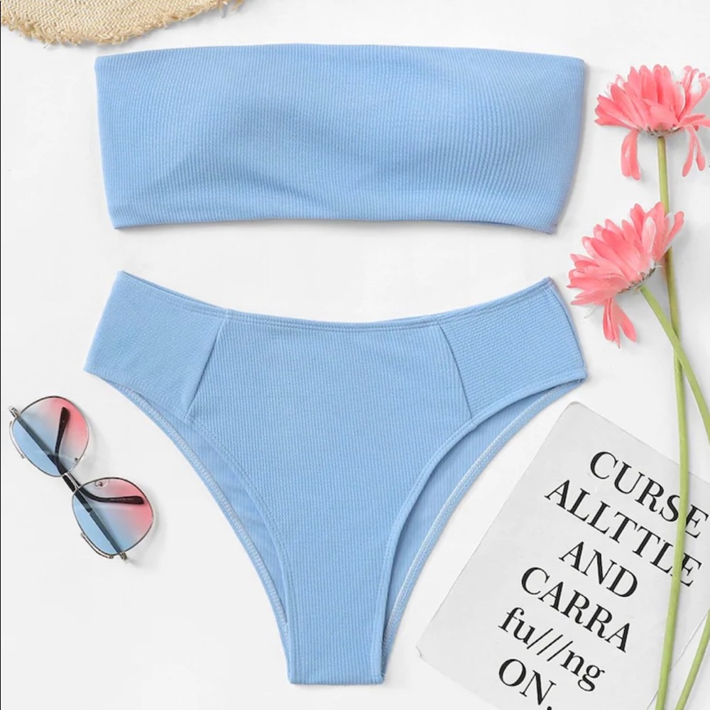 Ribbed Bandeau With High Leg Bikini Set